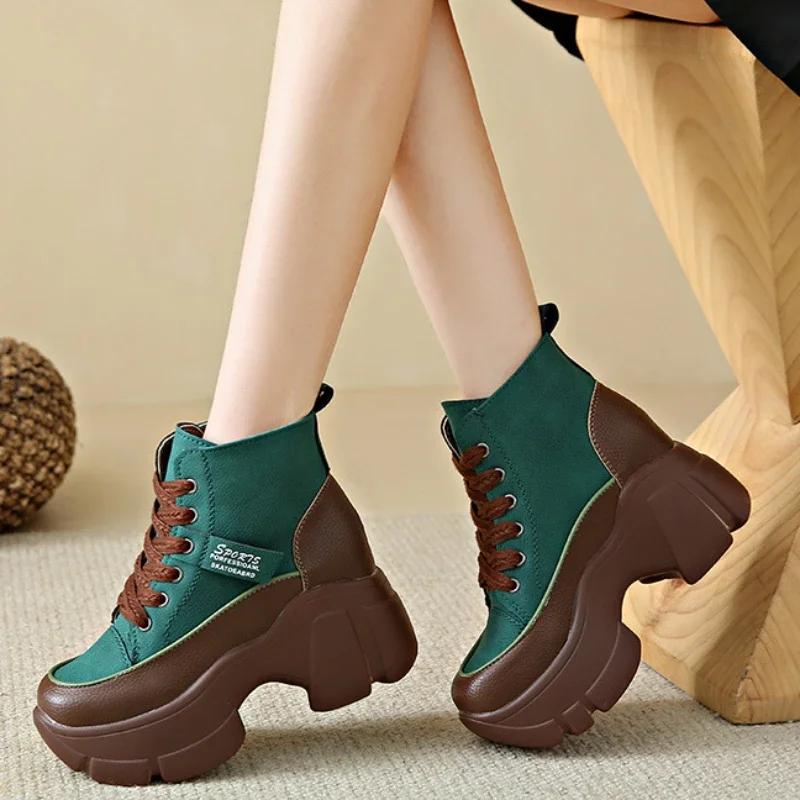 Thick Sole Retro Ankle Boots Women Fashion Winte Women's Increase Casual Lace Up Wedge Platform Short Boots Zapatillas Mujer2024