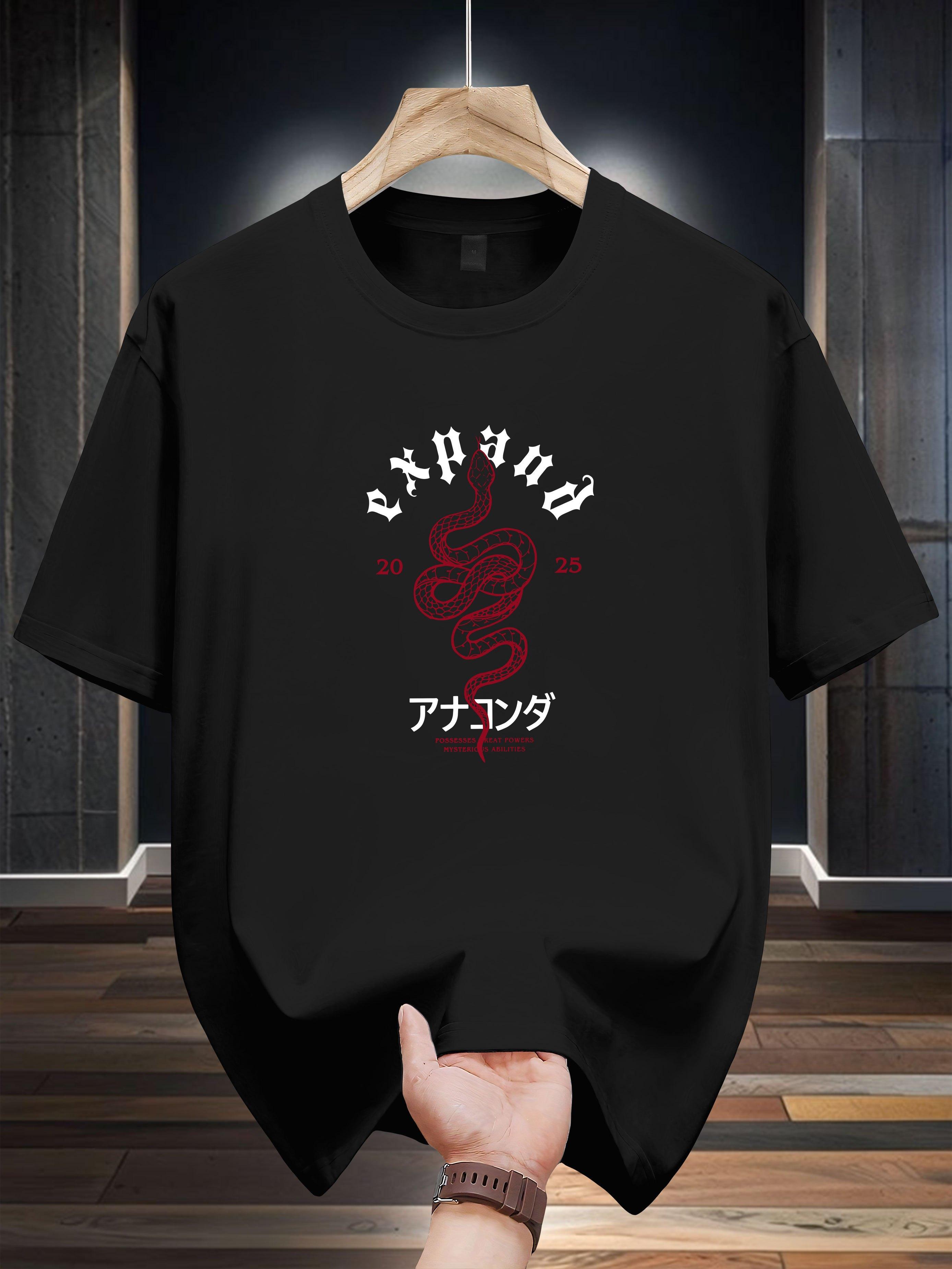 

Niuwang Selection T-shirt - Navy Blue Casual Graphic Print Tee with Japanese Text & Red Snake Design S