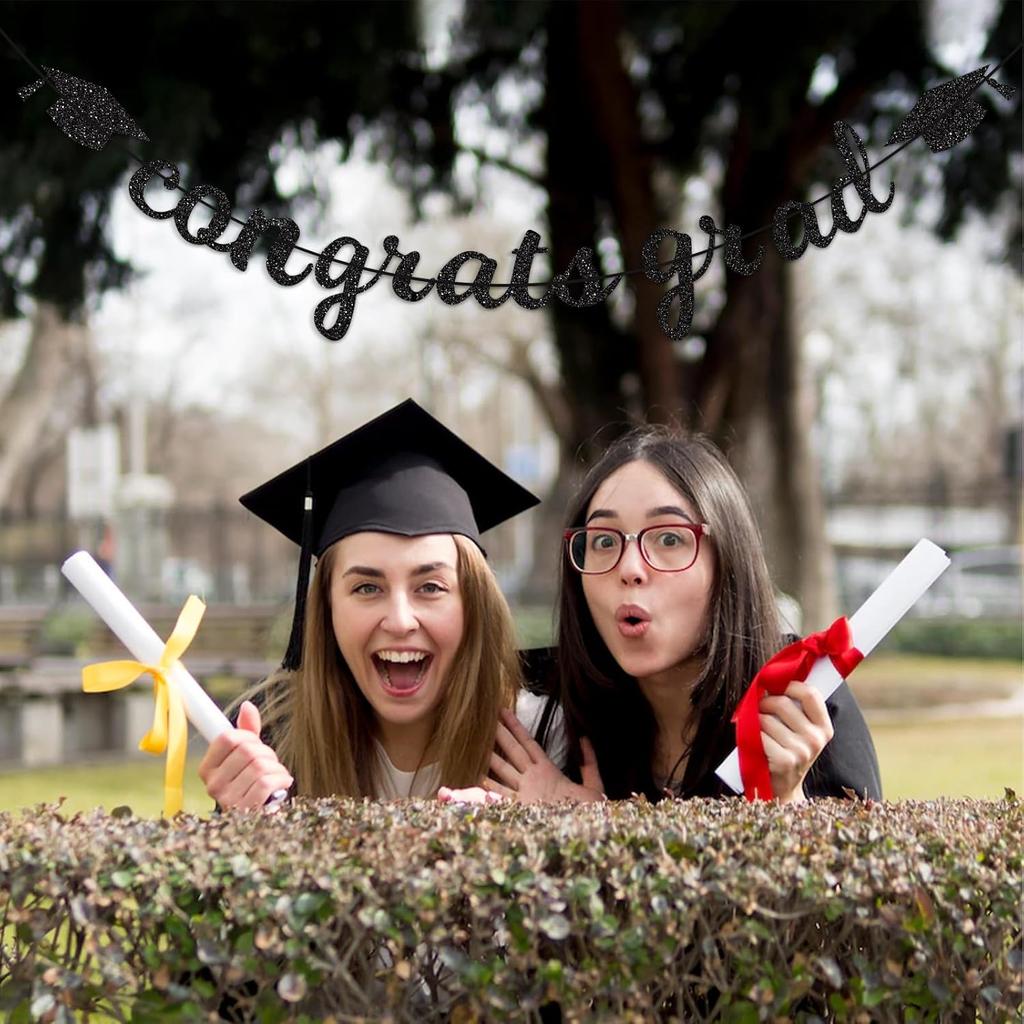 Congrats Grad Banner Decorations - Hanging Glitter Graduation Banner with Cap Garland Sign Bunting for Graduation Celebration Photo Backdrop, College