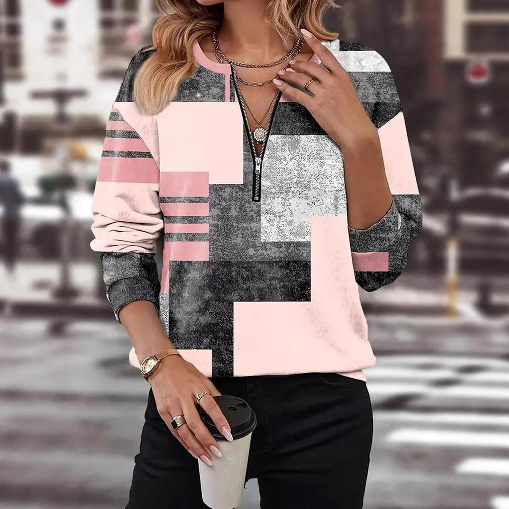 women's Floral Print Half‑Zip V‑Neck Long Sleeve Oversized Casual Sweatshirt