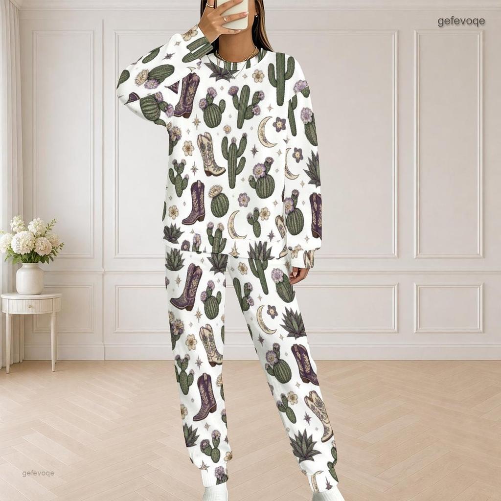 Women Plus Size Printed Two Piece Set Round Neck Long Sleeve Top And Long Pants
