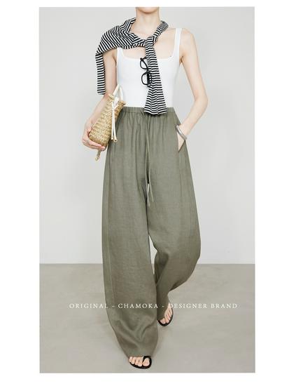 Women's White Straight-Leg Linen Pants, Elastic Waist, Spring/Summer Old Money Style, Extended Length.