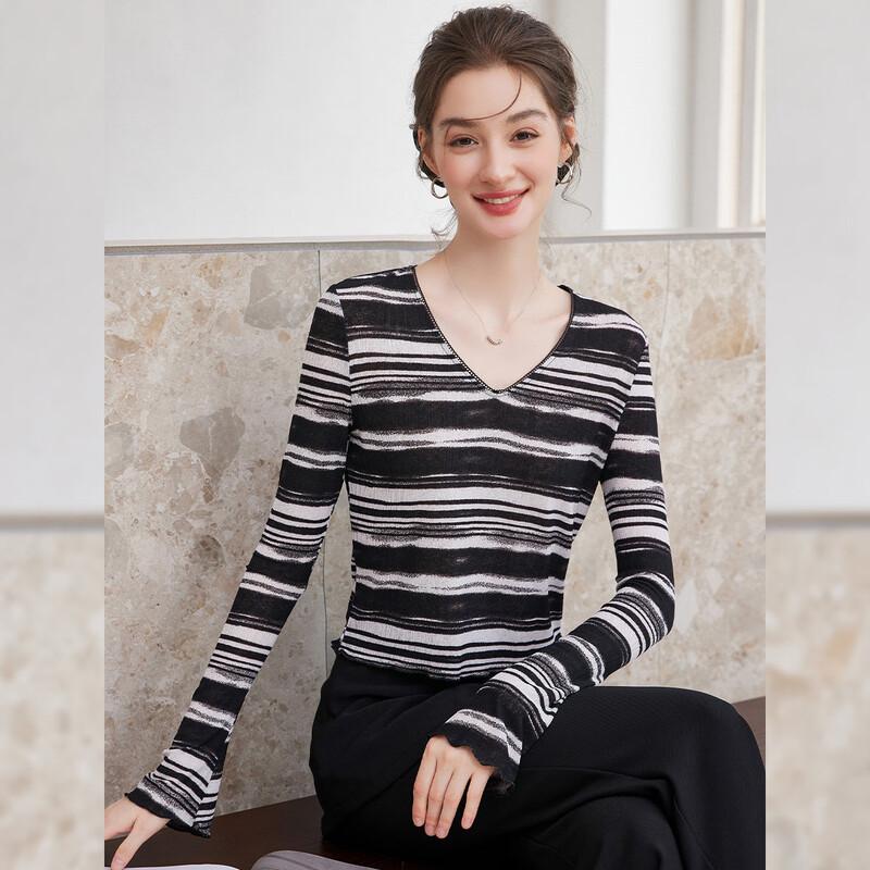 Bailuyu Women s Striped V-neck Flared Sleeve T-shirt S