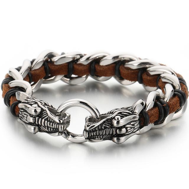 Pulsera Punk de Cuero Trenzado Lobo para Hombre Pulseras con Encanto de Mano para Hombre con Forma de Cabezas de Cráneo de Dragón Joyería de Acero Inoxidable de Lujo Gótico