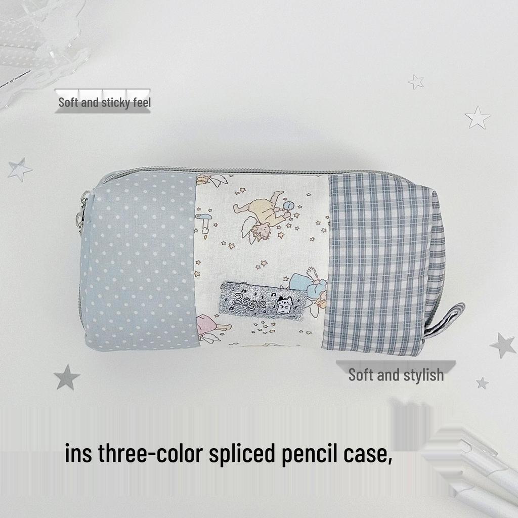 Creative Large Capacity Three-Color Plaid Patchwork Pencil Case – Stylish Handheld Stationery Bag for Students