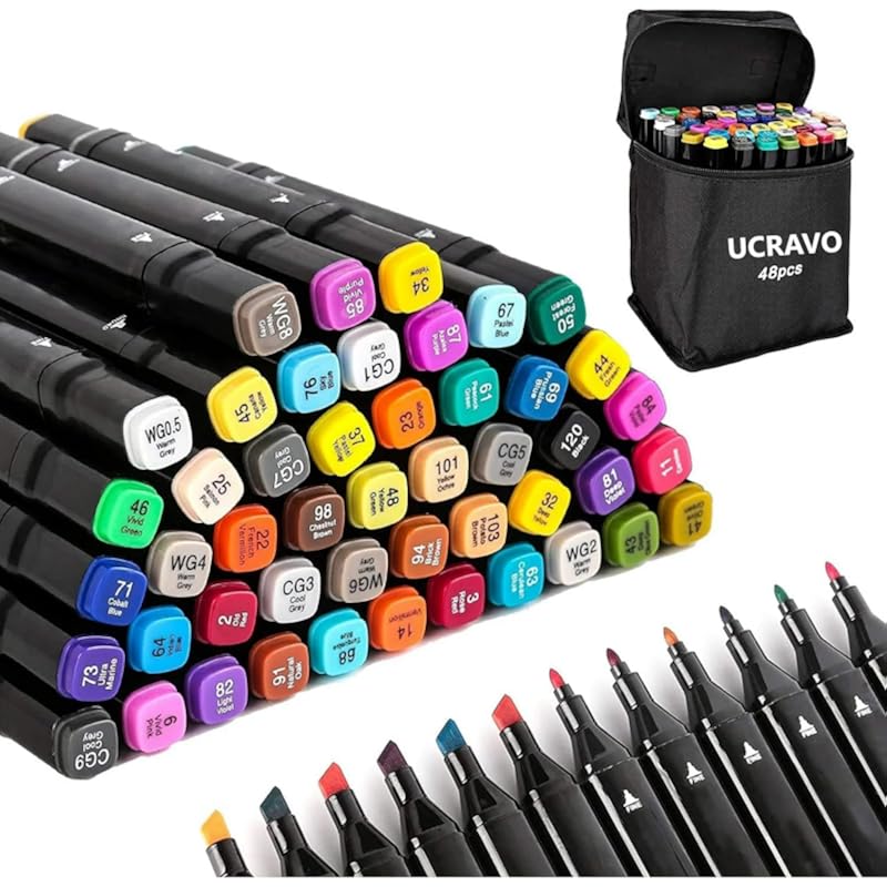 UCRAVO 48 Kleuren Markers, Dubbele Tip Blender Kunst Teken Markers Set, Professionele Permanente Schets Markers, Schetsen D