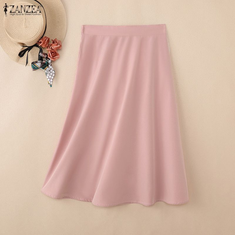 ZANZEA Saias midi soltas de cor sólida e cintura elástica casual feminina