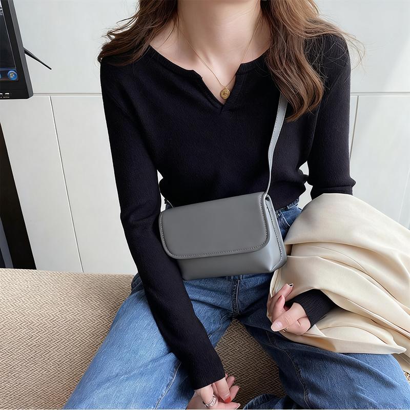 

Ladies Autumn Winter Long Sleeve V Neck Casual Basic Solid Color Pullover Knitted T Shirt Top for Layering one size