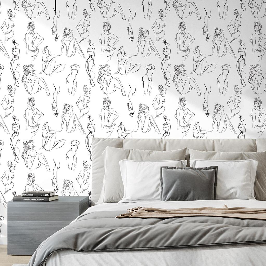 Minimalistische weibliche schwarze und weiße Linien, Wohnzimmer, Schlafzimmer, Hintergrundwand, wasserfest, feuchtigkeitsbeständig, abnehmbar, selbstklebende Tapete(45cm*300cm)