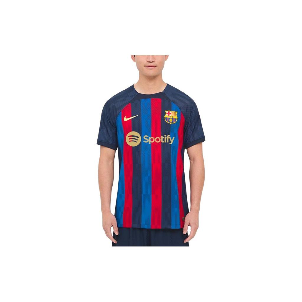 Nike Barcelona 22/23 Season Home Player Version Logo Print Stripe Patchwork Short Sleeve Soccer Jersey Men Tops Deep-Blue DJ7643-452