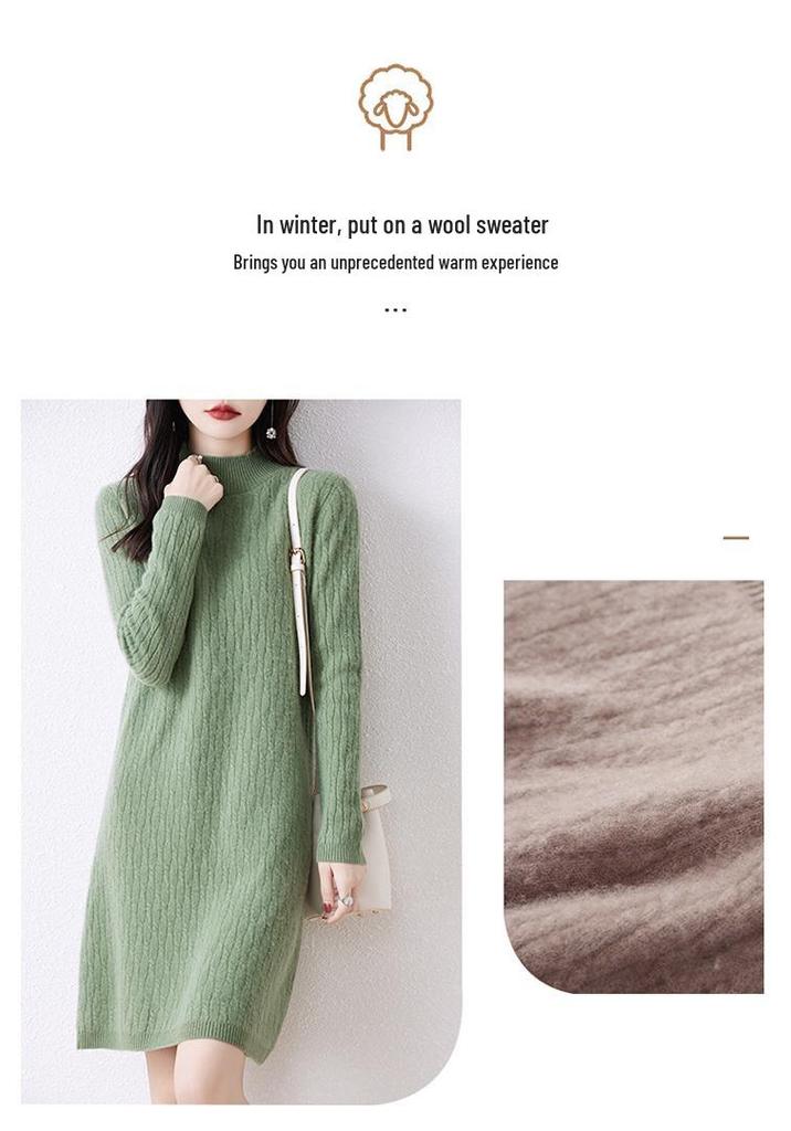 Women's Mid-Length High Neck Pure Wool Cashmere Sweater Dress - Thickened Knit for Autumn Winter