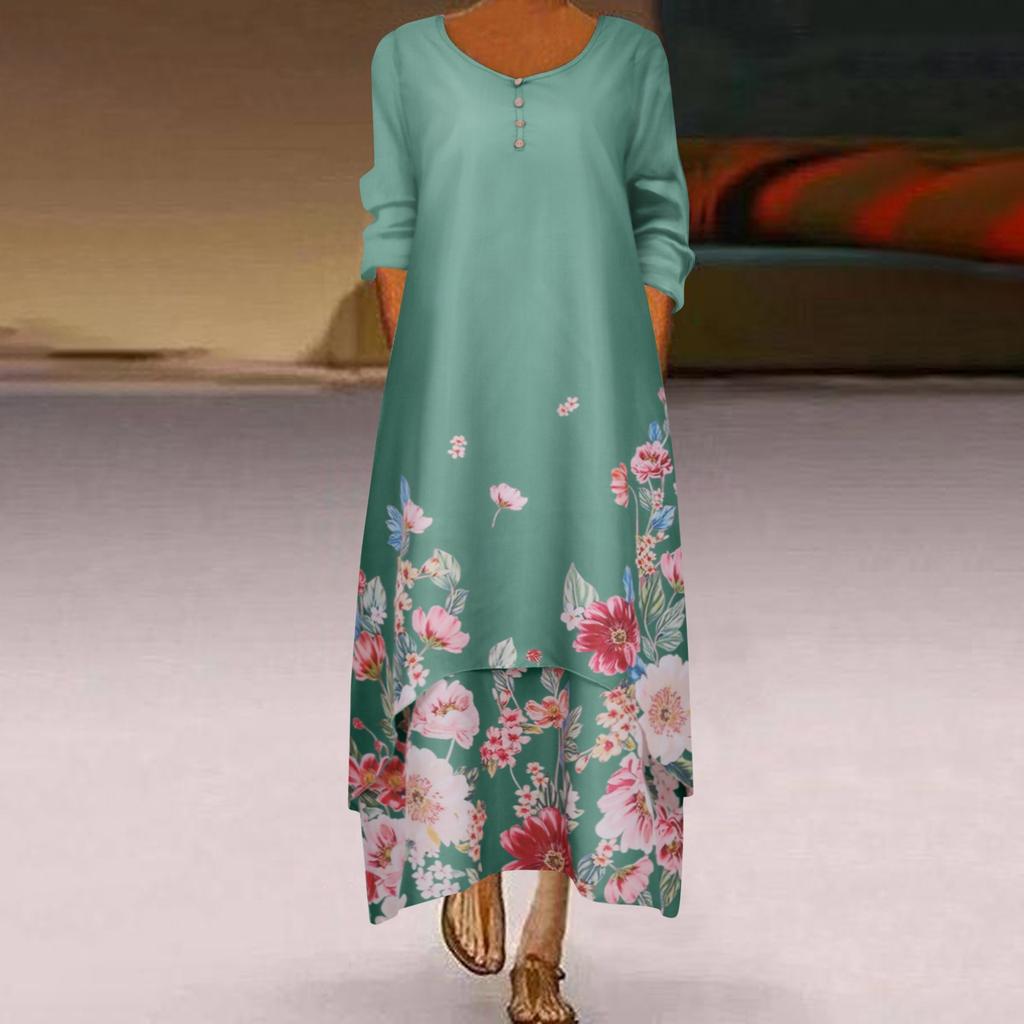 Womens Long Sleeve Floral Print O Neck Long Sleeve Irregular Loose Splice Maxi Dresses