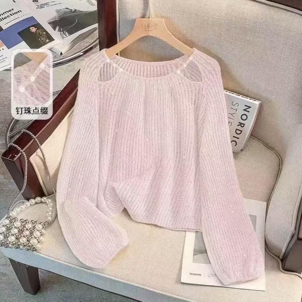 Knitted Shirt for Women Solid Color Hollow Round Neck Top Thin Long Sleeve Pullover Shirts