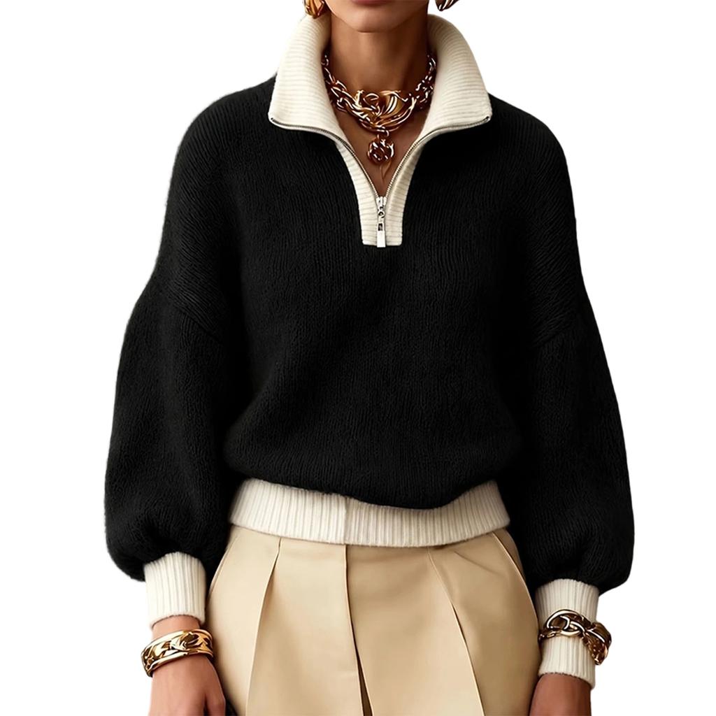 Women's Color Block Half-Zip Turtleneck Knit Sweater Top for Casual Wear