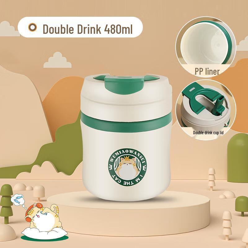 Cartoon Cat Dual-Use Straw Mug 480ml with PP Liner
