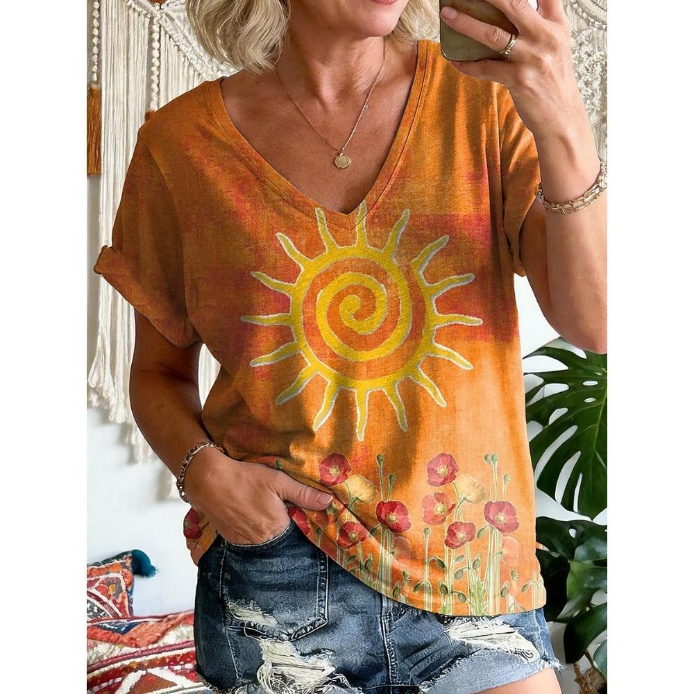 Women's T Shirt Print Floral Graphic Vintage Stylish Classic Short Sleeve V Neck Regular Tops Daily Sports Going Out Yellow Orange Green Summer Spring