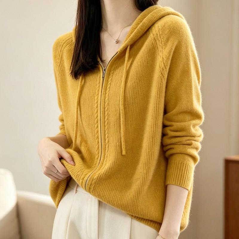 Womens Oversized Knit Cardigan Hooded Zip-Up Sweater Soft Acrylic Blend Casual Chic Outerwear 2026 Fall