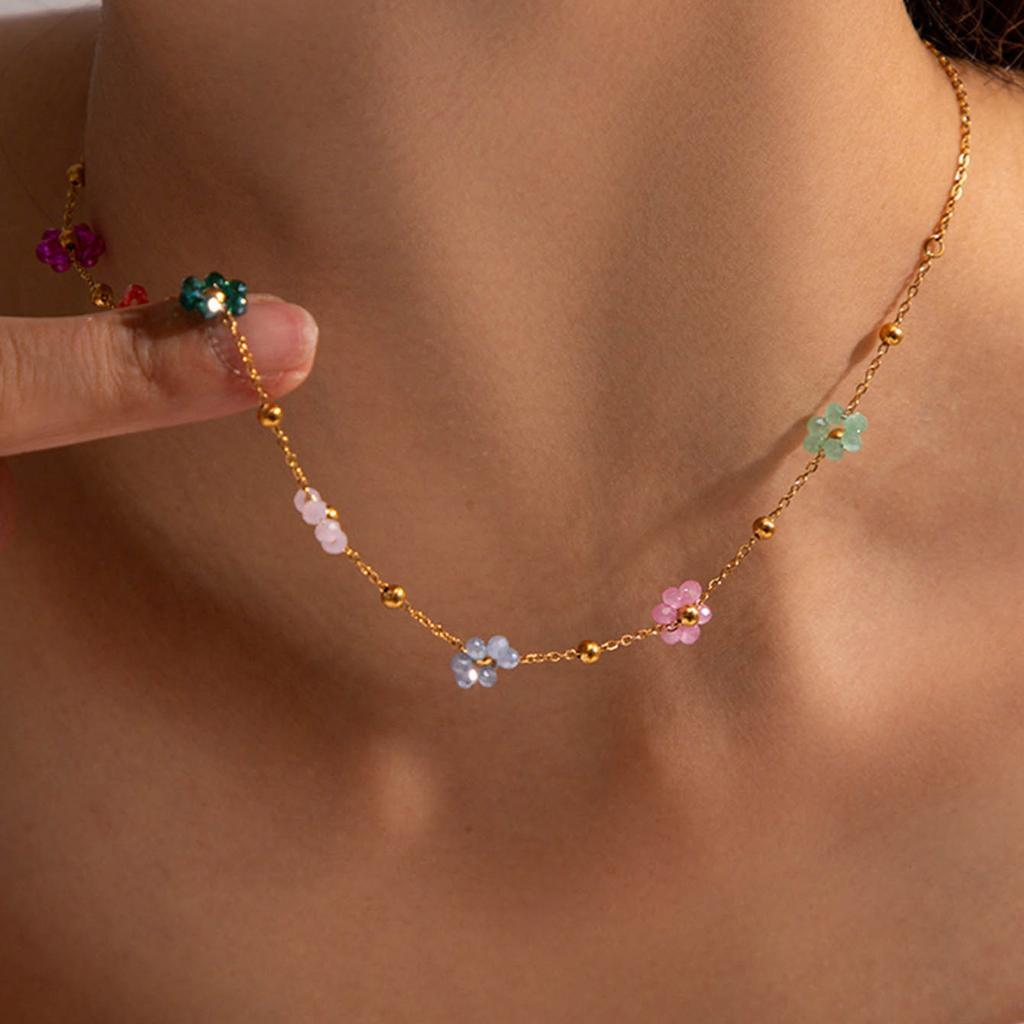 Elegant Crystal Flower Necklace/Bracelet for Women Gold Color Bead Chain Statement Jewelry Fashionable Accessories