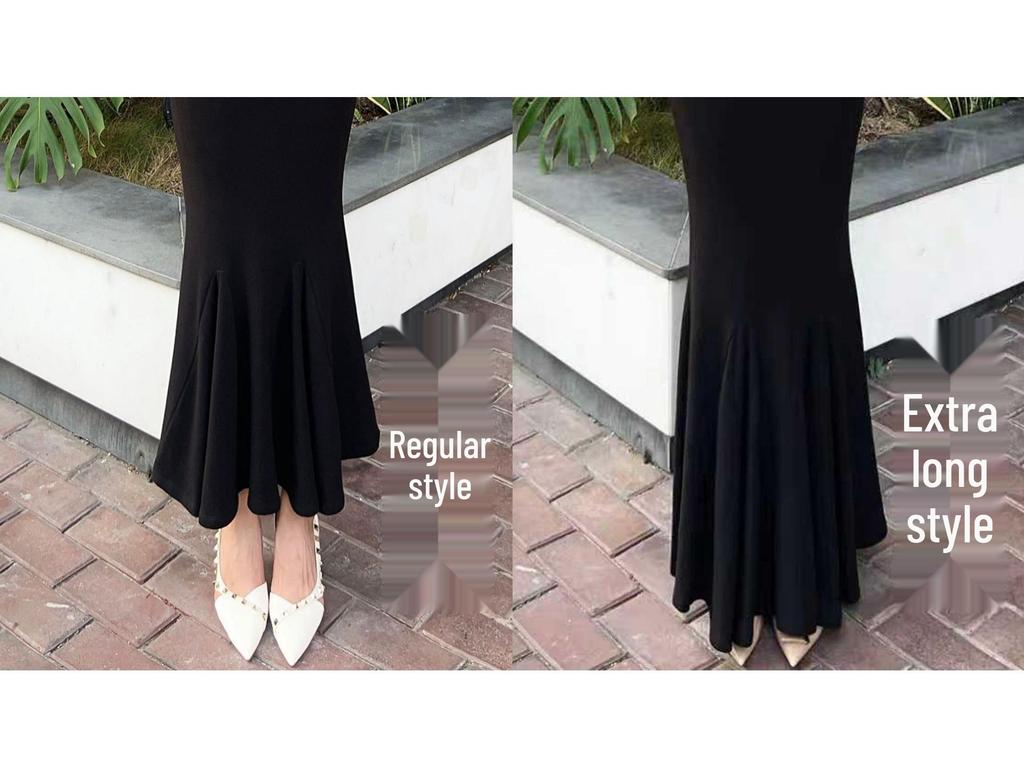 Heat-Generating Black Fishtail Evening Dress: Elegant, Versatile, and Fashionable with a Simple Round Neck Design