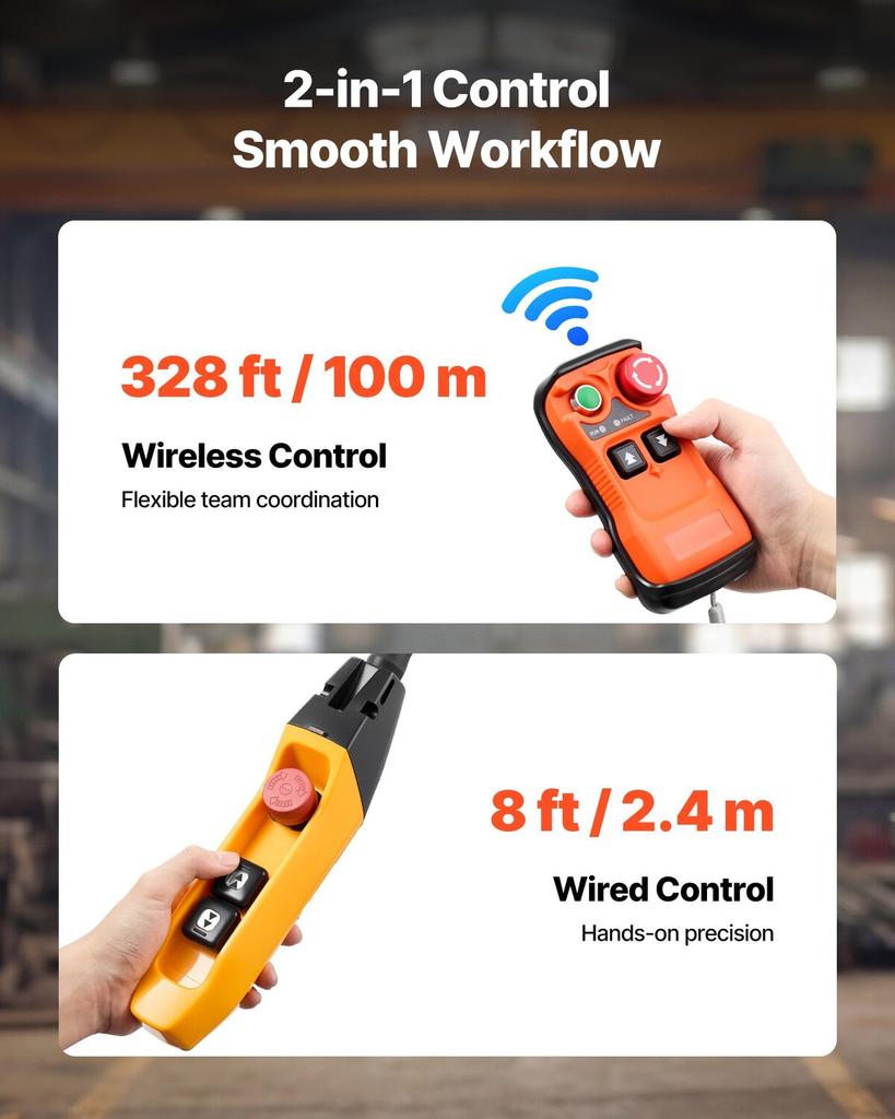 1000 kg Electric Chain Hoist, 3 m Lifting Height, 230V Single Phase Overhead Crane with 100 m Wireless & 2.4 m Wired Remote Control, Power Electric