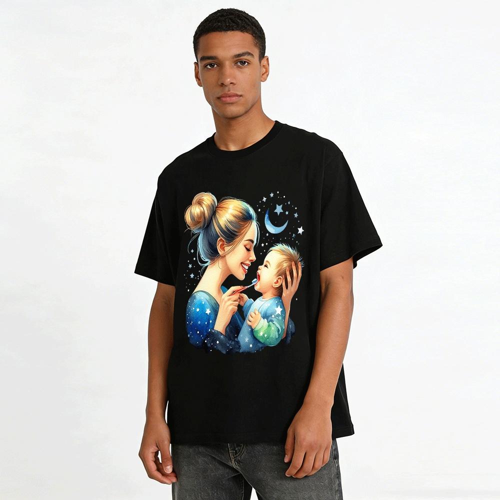 Warm Parent-child Brushing Print Casual Top For Adult & Kid Pure cotton T-shirt