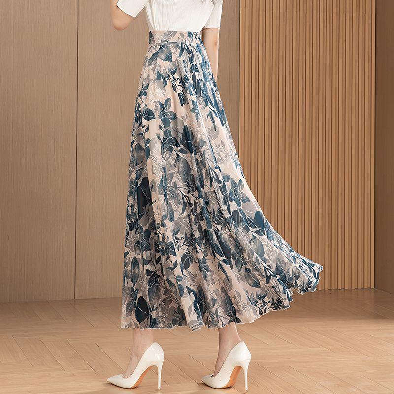 New Summer Retro Ethnic Style Ink-print Chiffon Skirt Women's Long Skirt High Waist A-line Skirt