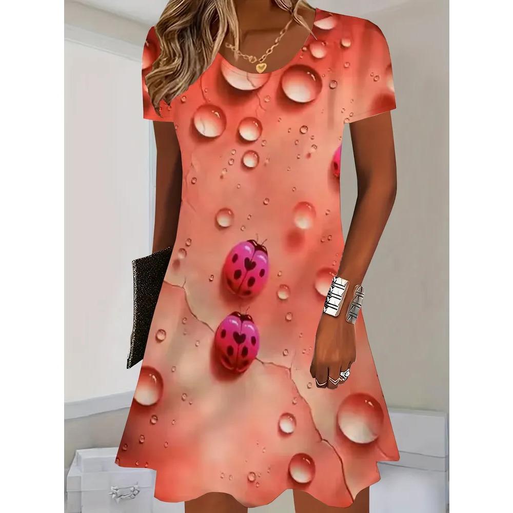 Summer Round Neck Short Sleeved Dress Colorful Heart-shaped Water Droplet Print Fashionable Comfortable Breathable Vacation Casual Women's Mini Dress