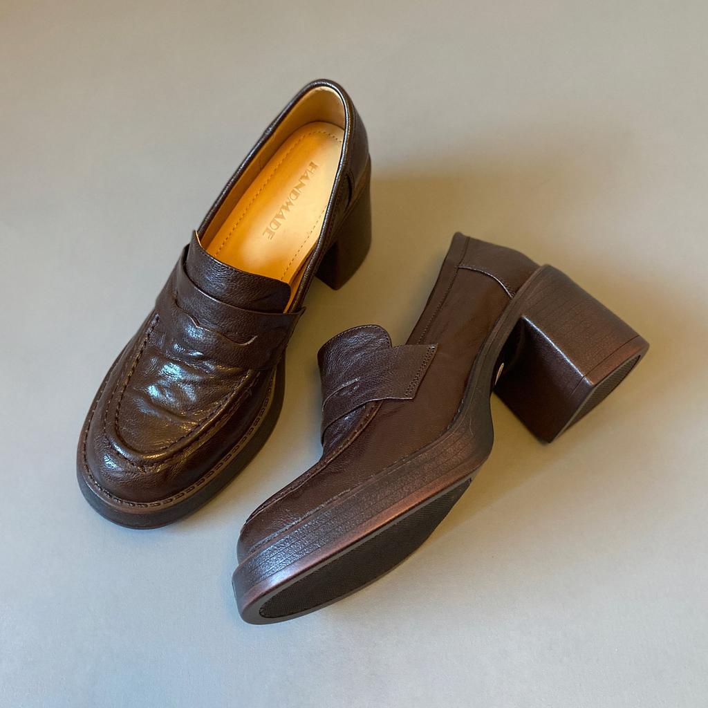 2026 Spring Retro Style High-heeled Loafers, Silent Soles, Genuine Leather Round Head Leather Shoes, Heightened and Durable Single Shoes