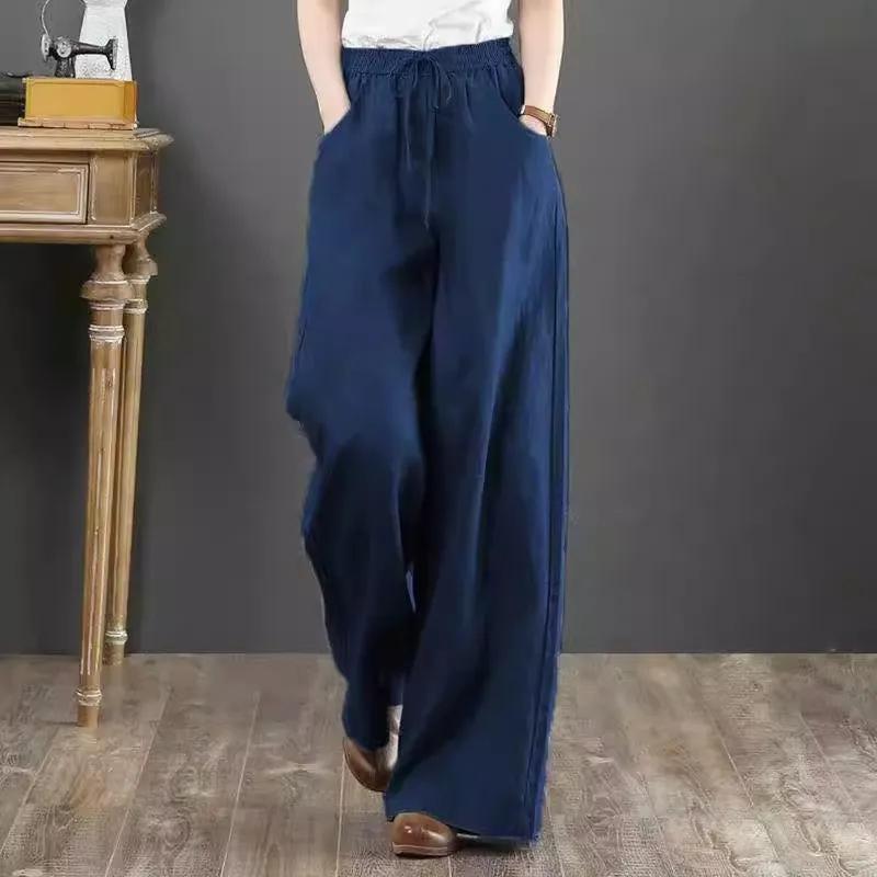 Pantalon ample en coton et lin pour femme, taille haute, coupe droite, printemps et été