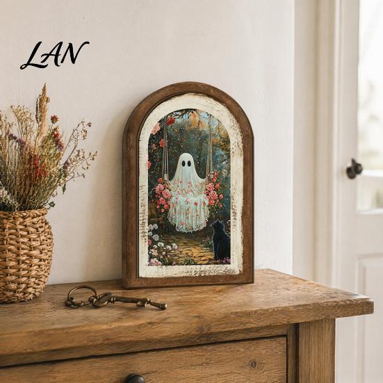 Halloween Entrance Cabinet Decor Ghost/Witch Arched Wall Decor, Cute Ghost Table Sign, Rustic Farmhouse Shelf Retro Room Decorative Hanging