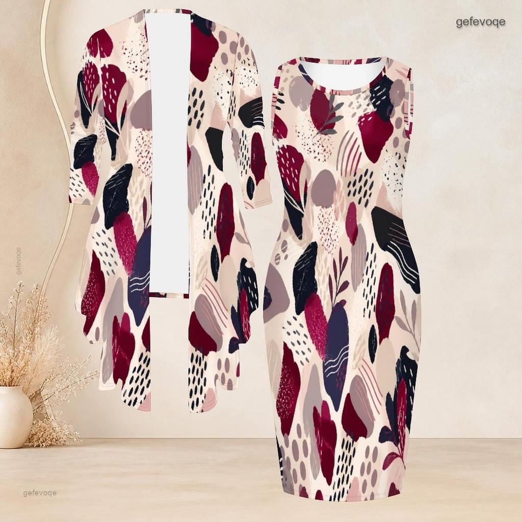 Women Plus Size Two Piece Set Round Neck Sleeveless Bodycon Dress Three Quarter Sleeve Open Cardigan Printed