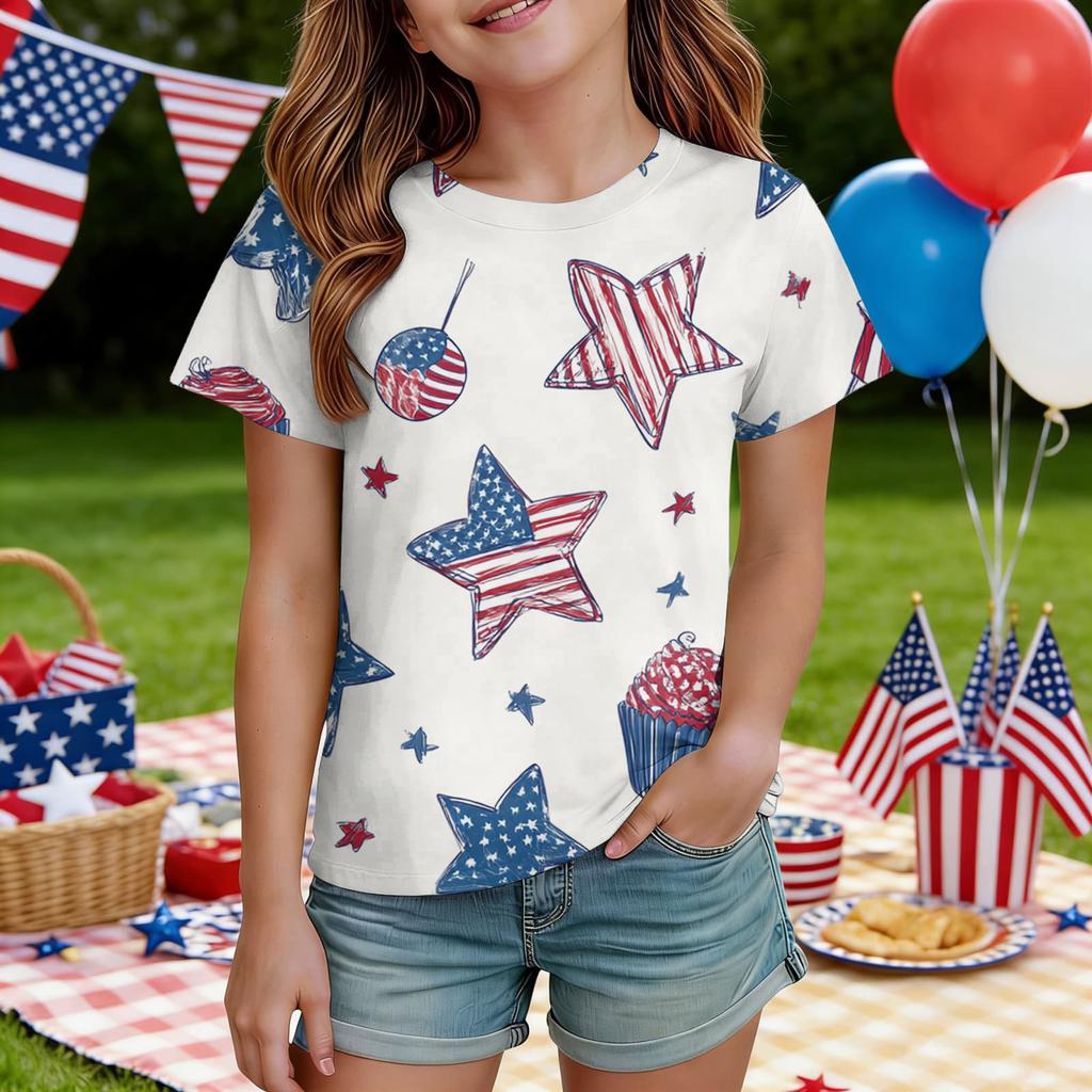 Kids Independence Day Print Round Neck Short Sleeve Casual T-shirt