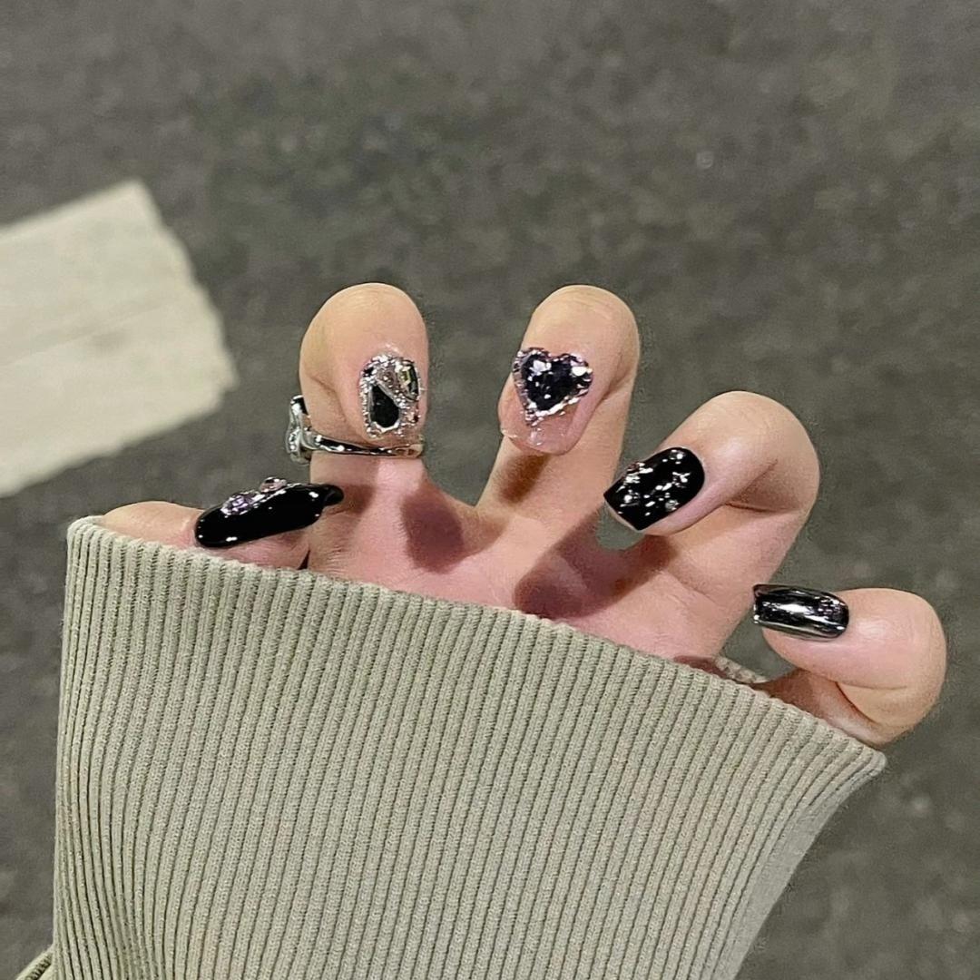 

A529 Rhinestone Color Block Press-On Nail Tips - Black Bling Handmade Fake Stickers