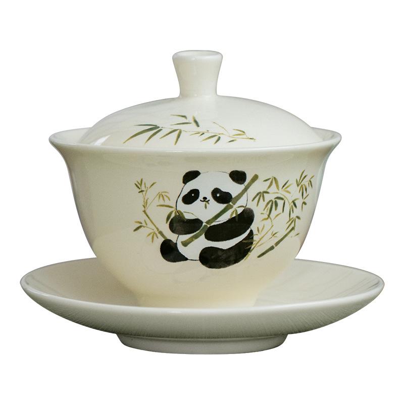 Chinese Style Panda Ceramic Cover Bowl Cup Kung Fu Tea Set Restaurant Home Brewing Tea Bowl Single High End Gift Giving Ceramic Tea Set
