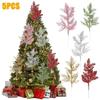5Pcs Christmas Artificial Pine Leaves Branches Gold Simulated Plants Glitter Garland Xmas Tree Ornament Home New Year Decoration