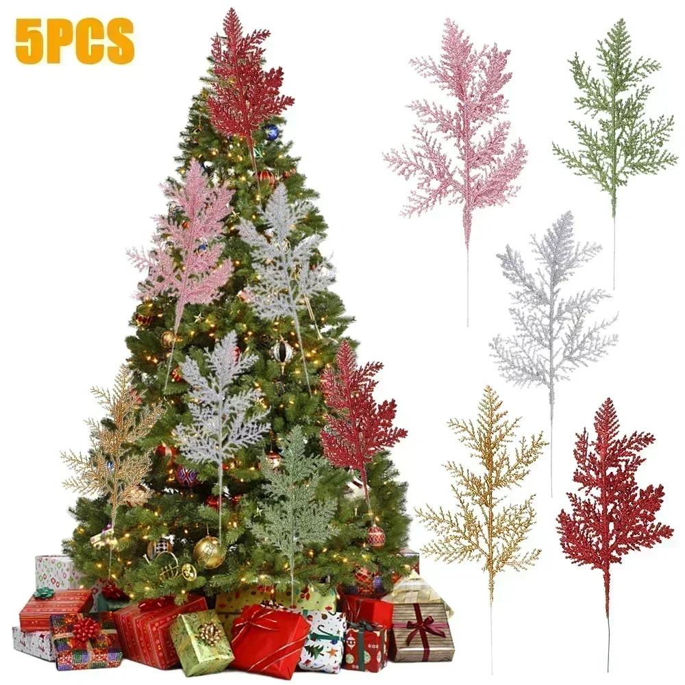 5Pcs Christmas Artificial Pine Leaves Branches Gold Simulated Plants Glitter Garland Xmas Tree Ornament Home New Year Decoration