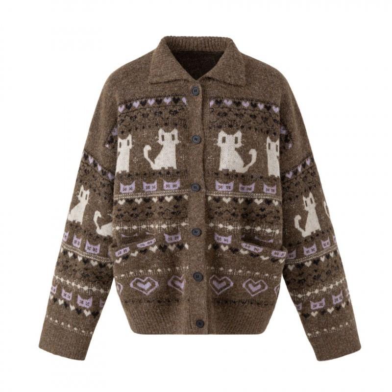 Unisex Retro Dzianinowy Kardigan Fair Isle z Kołnierzem Oversize Luźny Sweter z Mieszanki Wełny