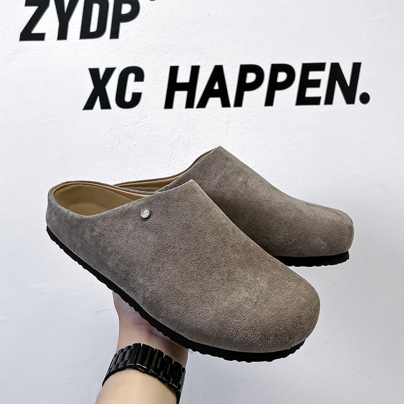 

Fashion Outdoor Beach Slides Shoes 2025 New Man Business Flats Half Drag Fashion Casual Leather Mules Slippers Men Leisure Walk Sandals 46 серый