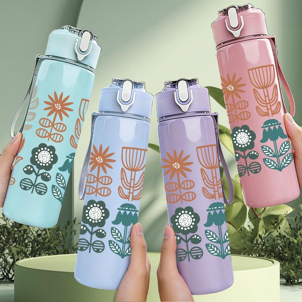 1PC Vintage Floral Botanical Set 750ml Color Plastic Sports Water Bottle Leakproof Flip Straw Lid Suitable for Sports Office Home Use