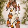 Women Criss Cross V Neck Long Sleeve Printed Dress Halloween Pumpkin Mushroom Fitted Curved Hem