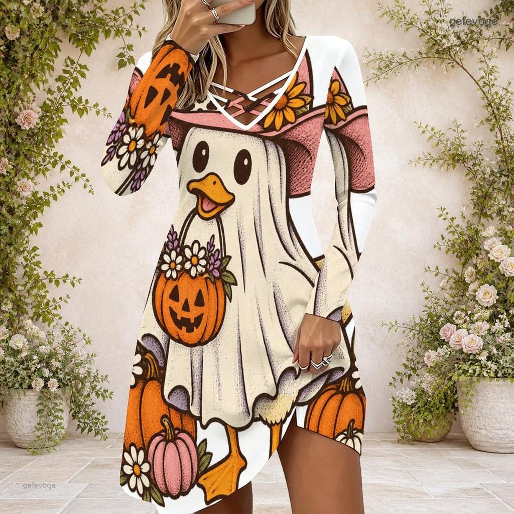 Women Criss Cross V Neck Long Sleeve Printed Dress Halloween Pumpkin Mushroom Fitted Curved Hem