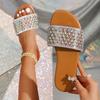 Slipper mit flachem Boden für Damen im Sommer, rundspitzig, Strass-Ein-Linien-Design, lässige Strand-Flip-Flops