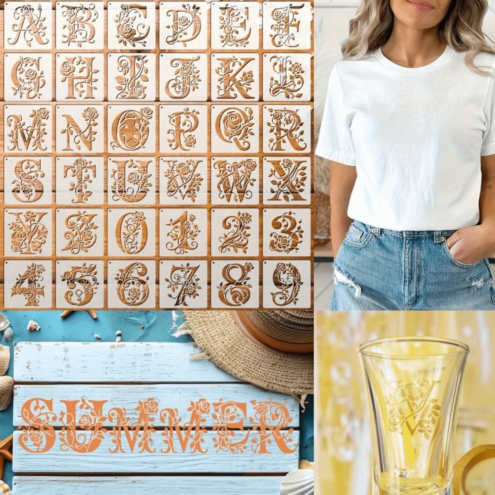 36pcs DIY Painting Templates Rose Letter Hollow Graffiti Template Spray Mold  Wall Decals