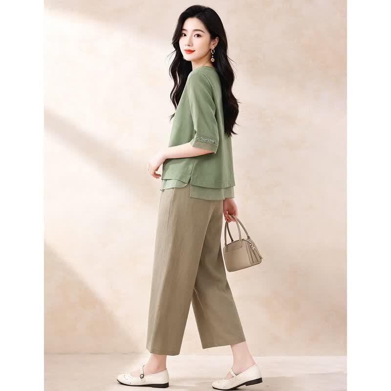 D.F.DEAR Women's Embroidered Frog Button Top & Wide-Leg Pants Set