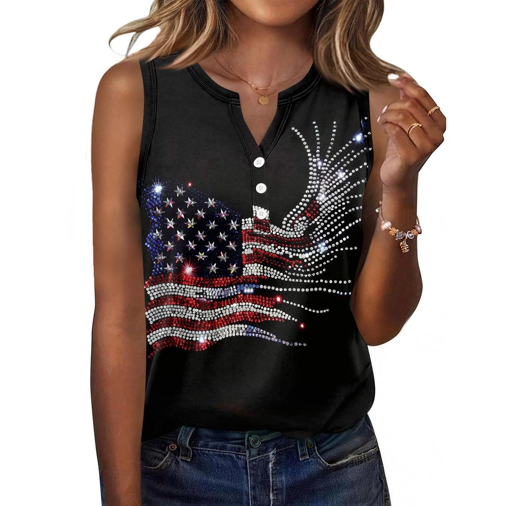 Women Sleeveless V Neck Button Front Casual Top with Star Print Pattern Relaxed Fit for Everyday Wear