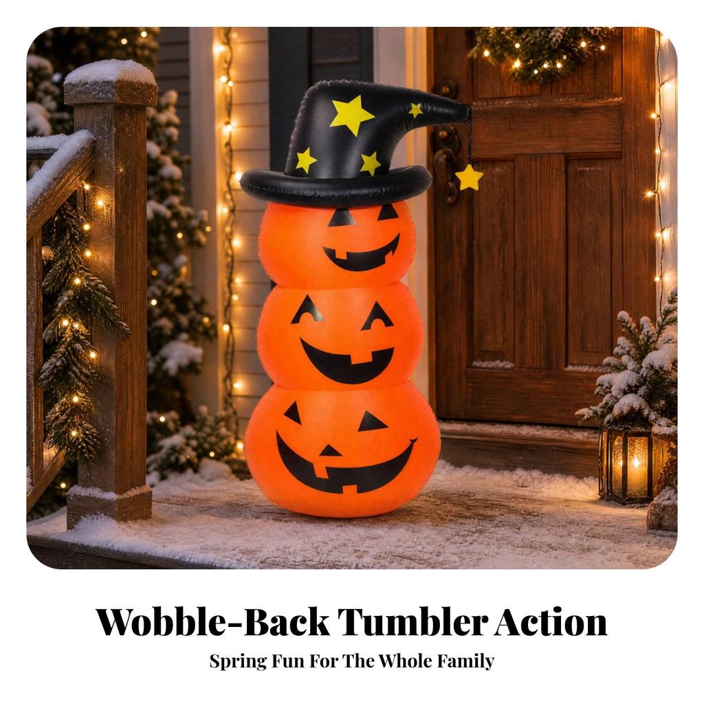 Inflatable Pumpkin Stack with Witch Hat Self-Righting for Entryway, Party Areas