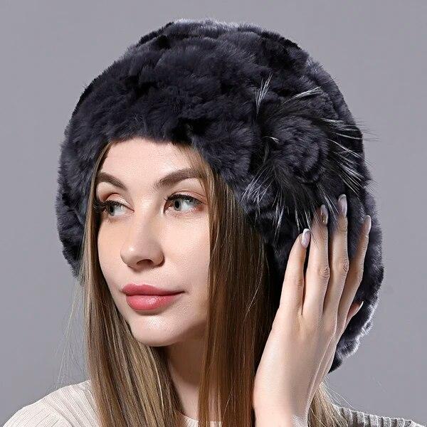 Women's Berets Natural Rex Rabbit Fur Hats Knitted Ladies Winter Warm 100% Real Fur Hats