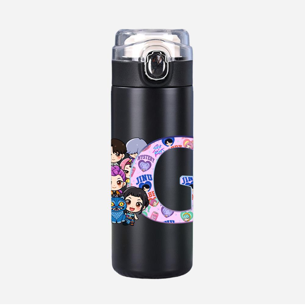 26 English Letter K-Pop Demon Hunters Printed 400Ml Water Bottle Thermos Cup Portable Stainless Steel Leak Proof Camping Water Cup Kid Gifts
