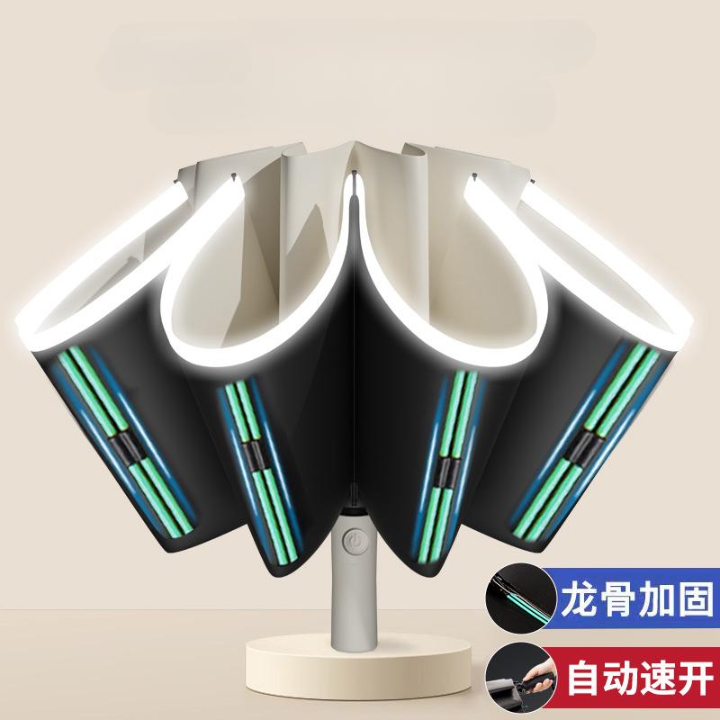 Fully Automatic Reverse Folding Blackout Umbrella with Reflective Stripe UV Blocking Sun Umbrella Double Bones Windproof Parasol
