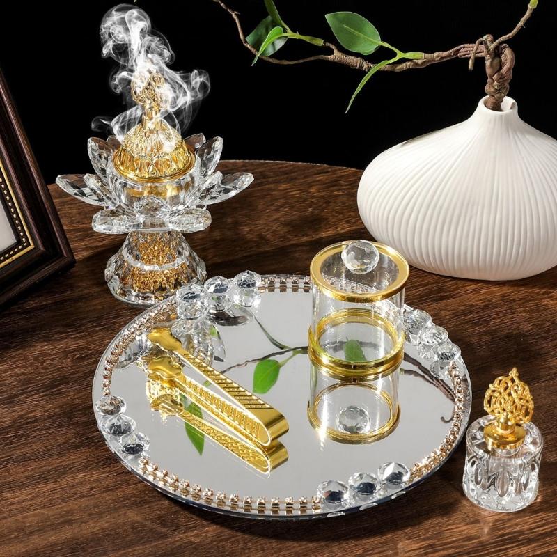 Glass Incenses Holder Set With Golden Arabic Pattern Flower Burners And Mirrored Tray Jar Tongs Spiritual Gathering Kits